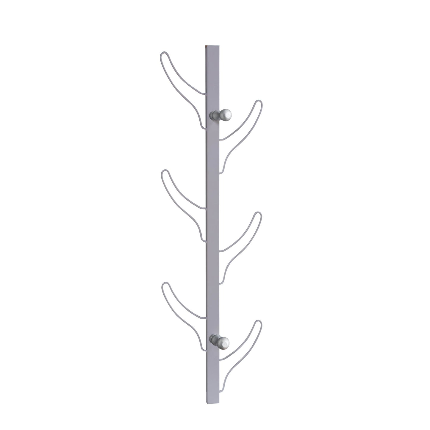 The Vertical Eight Hook Coat Rack Wall Mount features a minimalist silver metal design with a central bar and four pairs of curved hooks extending outward on both sides for modern, space-saving organization.