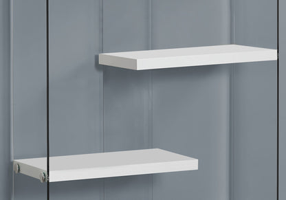 A glossy white contemporary 5-tier bookshelf stands against a smooth gray wall, showcasing a minimal and modern aesthetic with ample space between each tier.