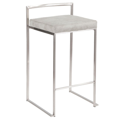 The Fuji Elegant Design Contemporary Stackable Counter Stool features a minimalist metal frame, open back, square light gray cushioned seat, sleek straight lines, and a built-in footrest bar.