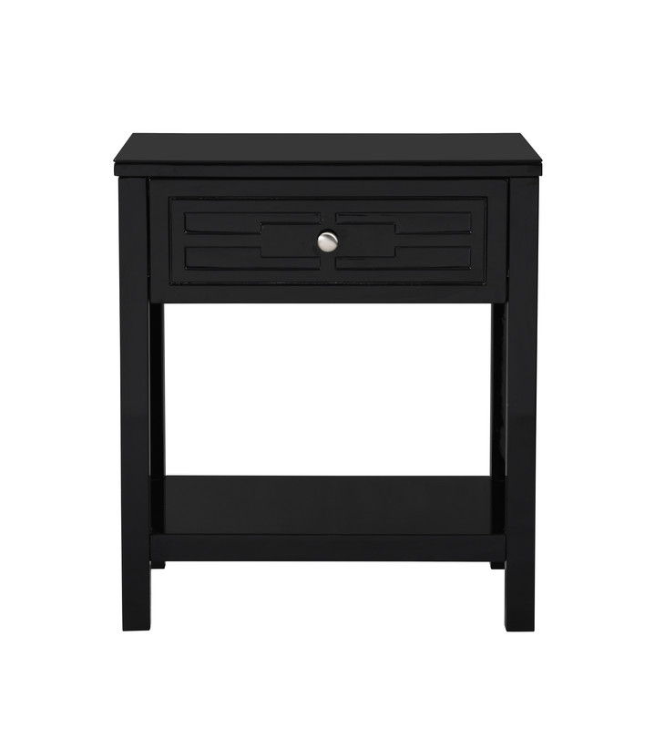 The Dylan Wooden End Side Table Nightstand with a glass top and single drawer is shown against a white background. It features a sleek black finish, round silver knob, and lower shelf for added storage.