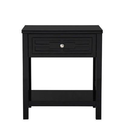 The Dylan Wooden End Side Table Nightstand with a glass top and single drawer is shown against a white background. It features a sleek black finish, round silver knob, and lower shelf for added storage.