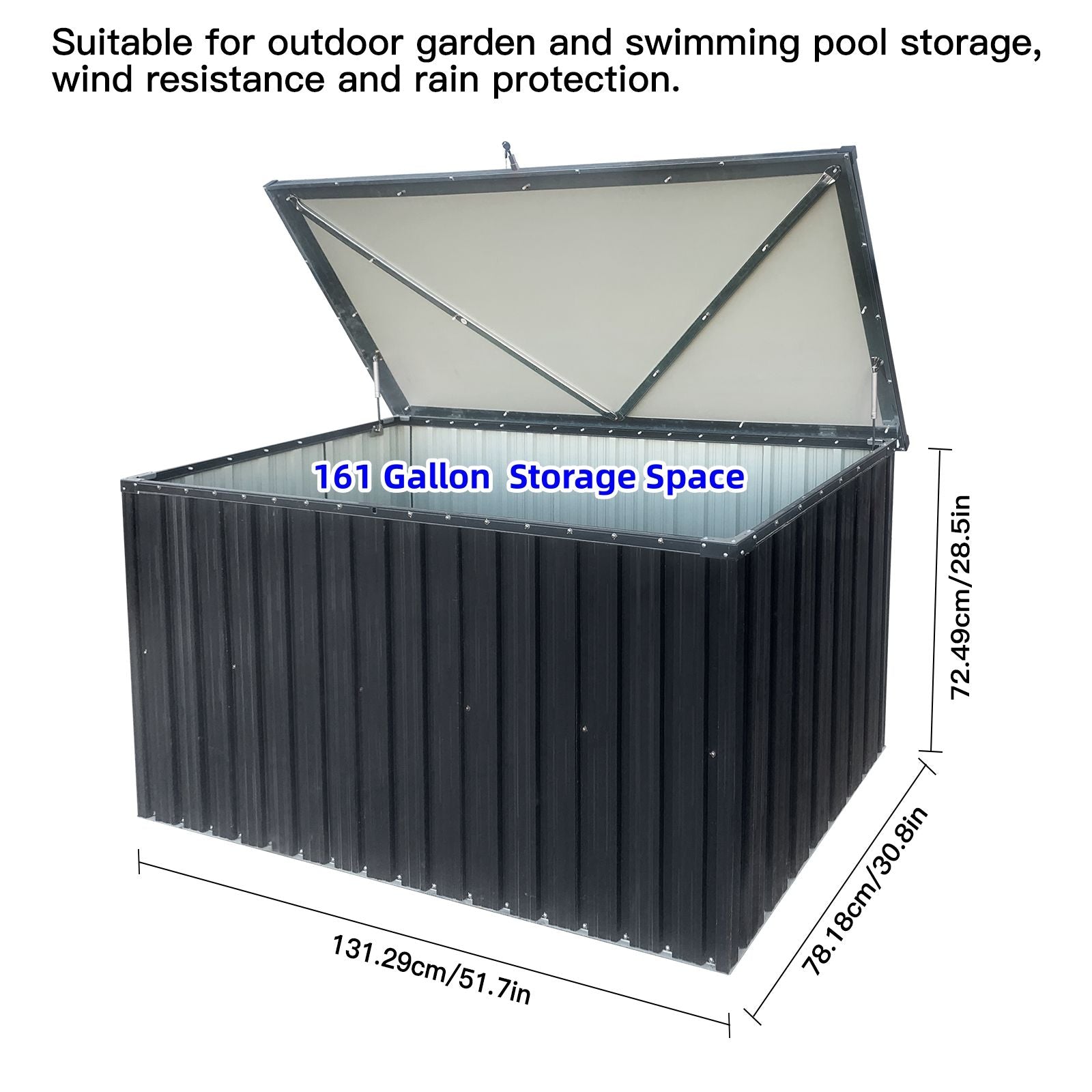The Metal Storage Box Store Small - Black offers 161 gallons of storage with an open lid, perfect for garden and pool use. Its dimensions are 51.7" W x 30.8" D x 28.5" H, providing ample outdoor space for your belongings.