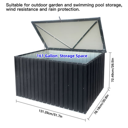 The Metal Storage Box Store Small - Black offers 161 gallons of storage with an open lid, perfect for garden and pool use. Its dimensions are 51.7" W x 30.8" D x 28.5" H, providing ample outdoor space for your belongings.