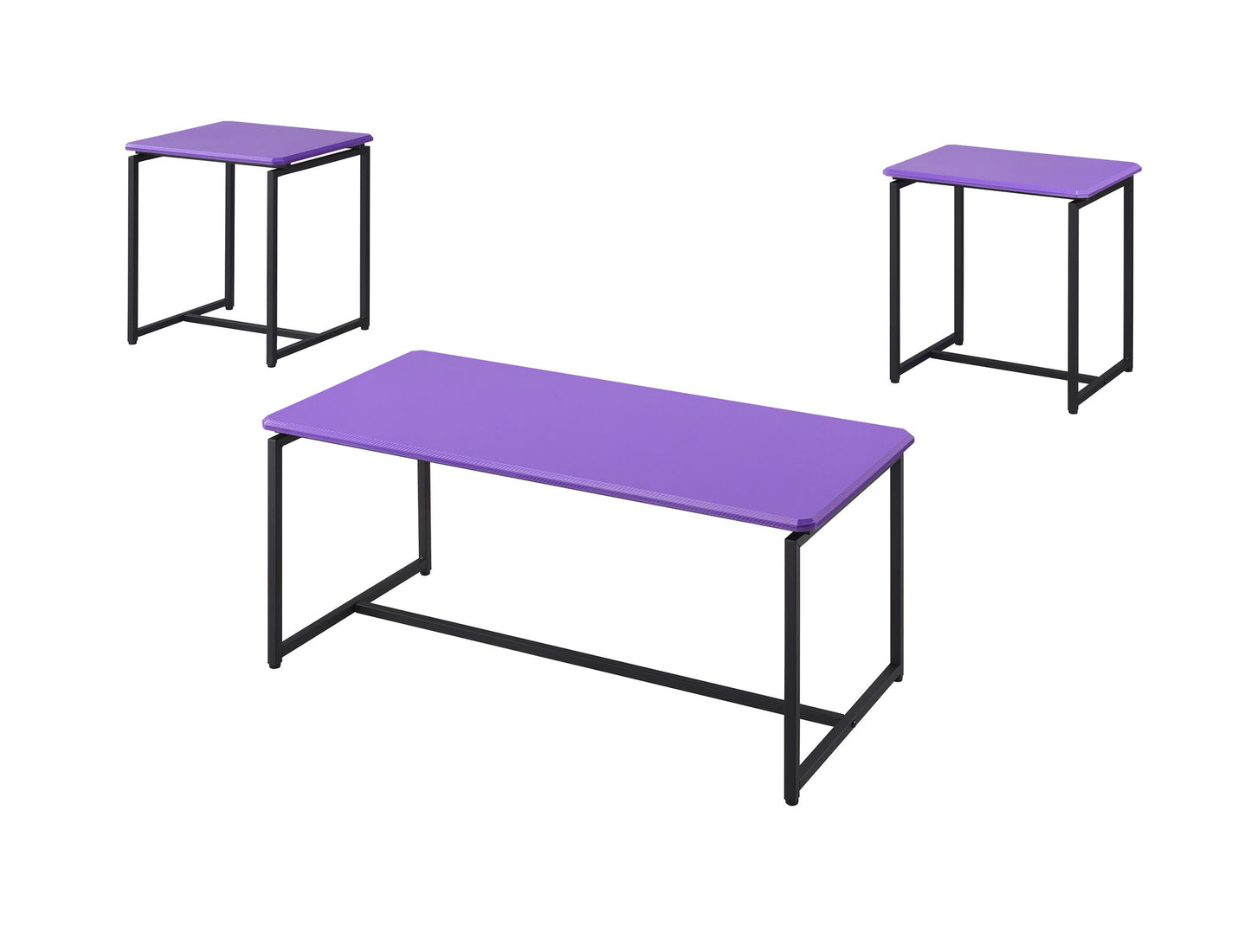 The GT - 3 Piece Carbon Fiber Wrap Coffee Table And End Table set includes a large rectangular table in the center and two smaller square tables in the upper left and right corners, all with black metal frames on a white background.