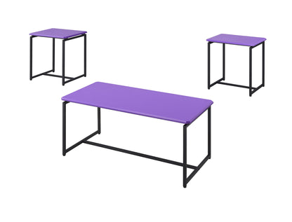 The GT - 3 Piece Carbon Fiber Wrap Coffee Table And End Table set includes a large rectangular table in the center and two smaller square tables in the upper left and right corners, all with black metal frames on a white background.