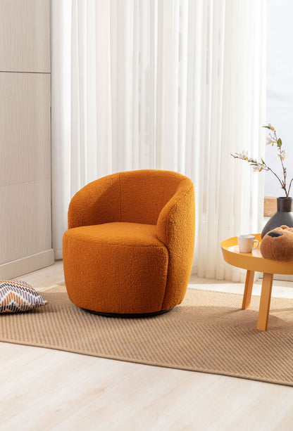 A Teddy Fabric Swivel Accent Armchair Barrel Chair with powder-coated metal ring sits on a beige rug in a bright room with sheer white curtains, next to a round yellow coffee table holding a teapot, cup, and vase with branches.