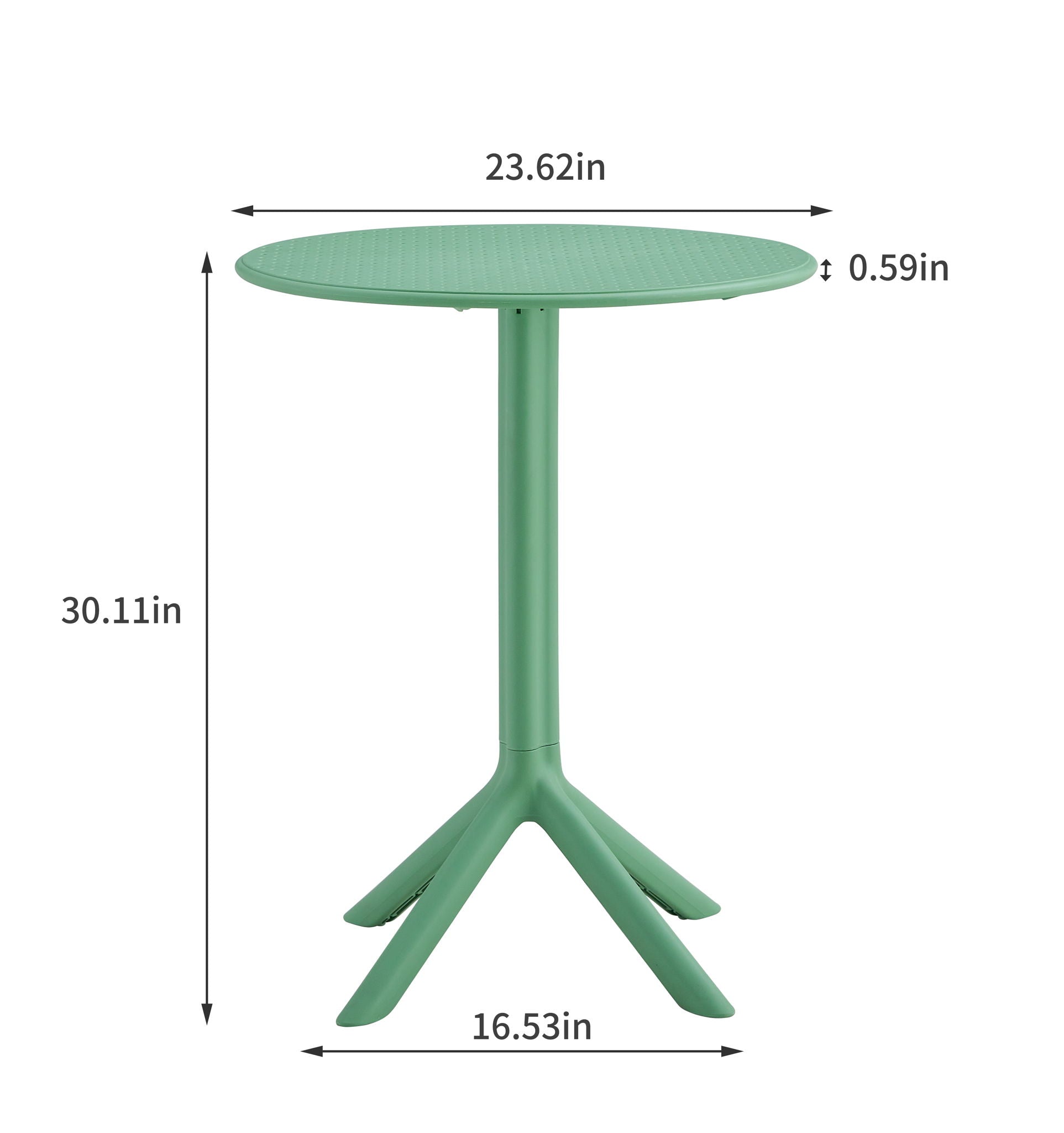 3 Piece Plastic Arm Chair Bistro Grs Premium Ocean Plastic, green round table with three-legged base, front view. Dimensions: 23.62" wide, 30.11" tall, 0.59" tabletop thickness, and 16.53" base width.