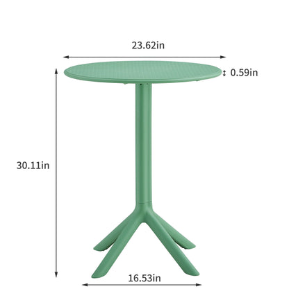 3 Piece Plastic Arm Chair Bistro Grs Premium Ocean Plastic, green round table with three-legged base, front view. Dimensions: 23.62" wide, 30.11" tall, 0.59" tabletop thickness, and 16.53" base width.
