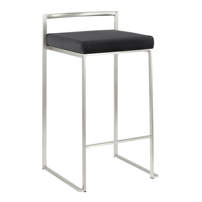 The Fuji Contemporary Elegant Stackable Counter Stool Set features a sleek metal frame, low rectangular backrest, black cushioned seat, and minimalist design with straight lines and an open, airy structure.