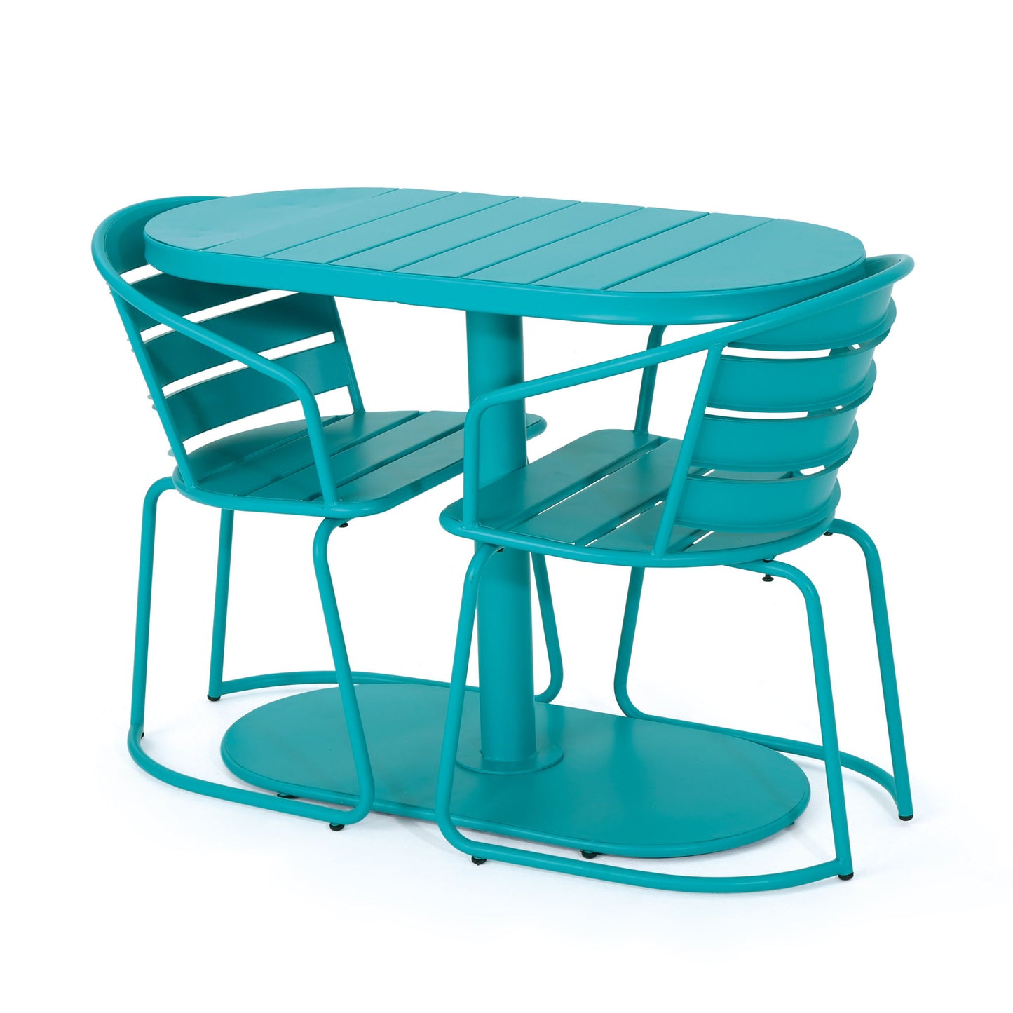 The 3 Piece Elegant Outdoor Bistro Set features a turquoise metal oval table and two matching chairs with curved backs and slatted seats, shown on a white background.