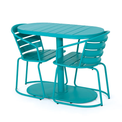 The 3 Piece Elegant Outdoor Bistro Set features a turquoise metal oval table and two matching chairs with curved backs and slatted seats, shown on a white background.