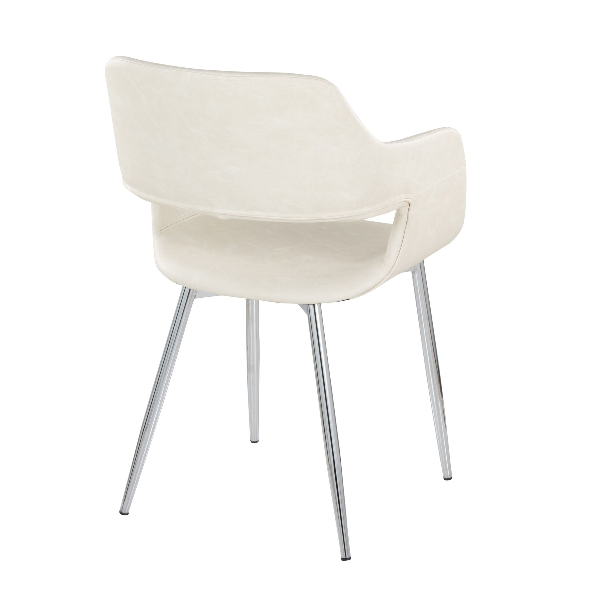 The Margarite - Contemporary Dining Chair (Set of 2) features a curved, cream seat and backrest with armrests and four slim chrome legs, shown from the back on a white background.