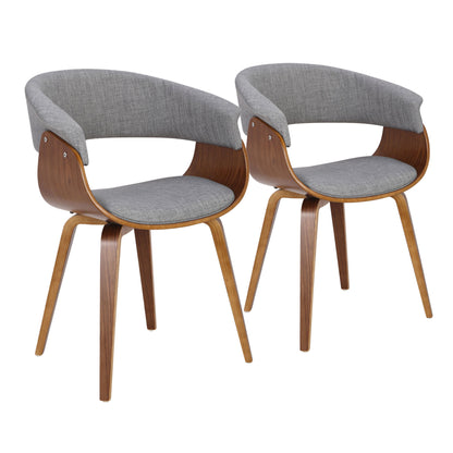 The Vintage Mod - Mid Century Modern Dining Chair (Set of 2) features curved wooden frames, light gray upholstered seats and backs, and angled legs for a sleek, contemporary mid-century look.
