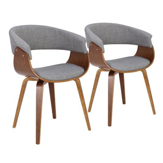The Vintage Mod - Mid Century Modern Dining Chair (Set of 2) features curved wooden frames, light gray upholstered seats and backs, and angled legs for a sleek, contemporary mid-century look.