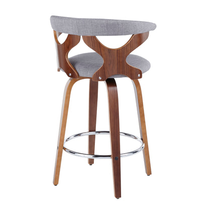 The Gardenia - Mid Century Modern Counter Stool (Set of 2) features a wooden frame, gray cushioned seat and backrest, metal footrest, and a curved cut-out backrest in a stylish blend of contemporary and mid-century design.