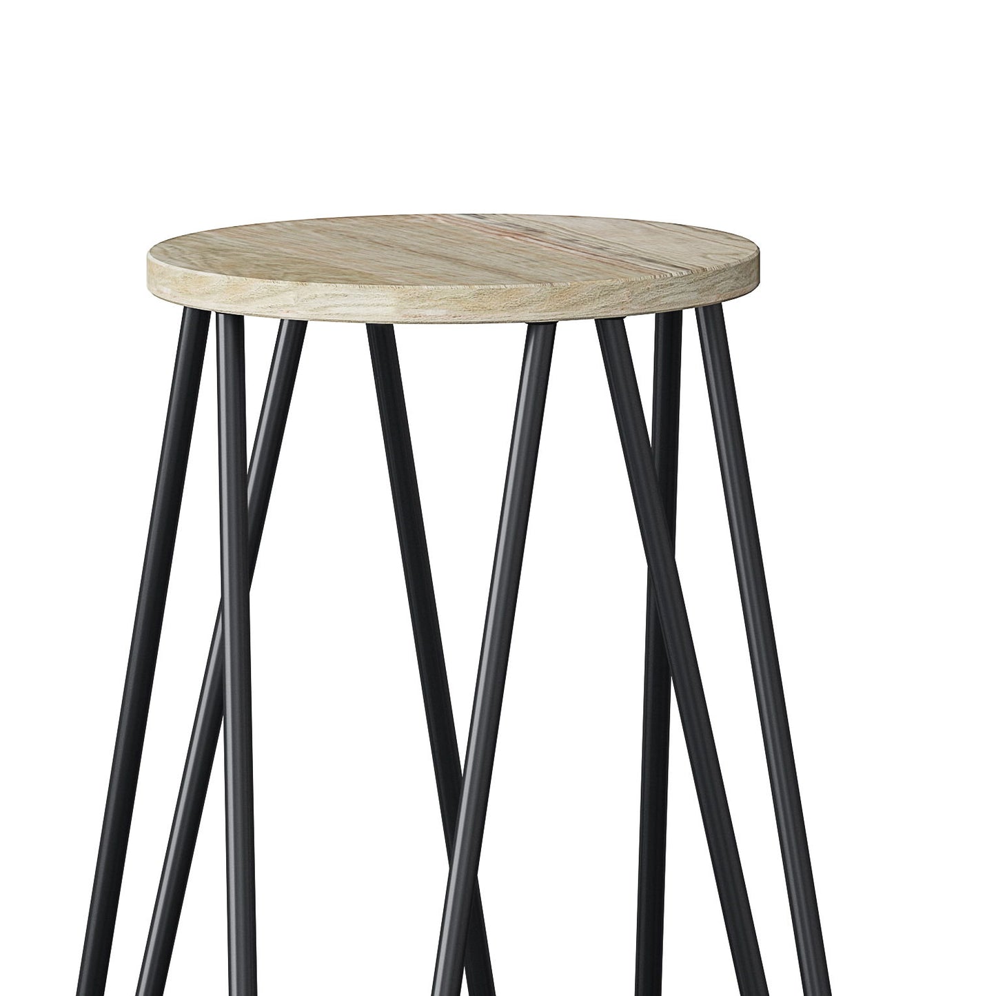 The Simeon Multifunctional Metal Stool features a round light wood seat and black metal legs in a striking geometric design, shown against a white background.