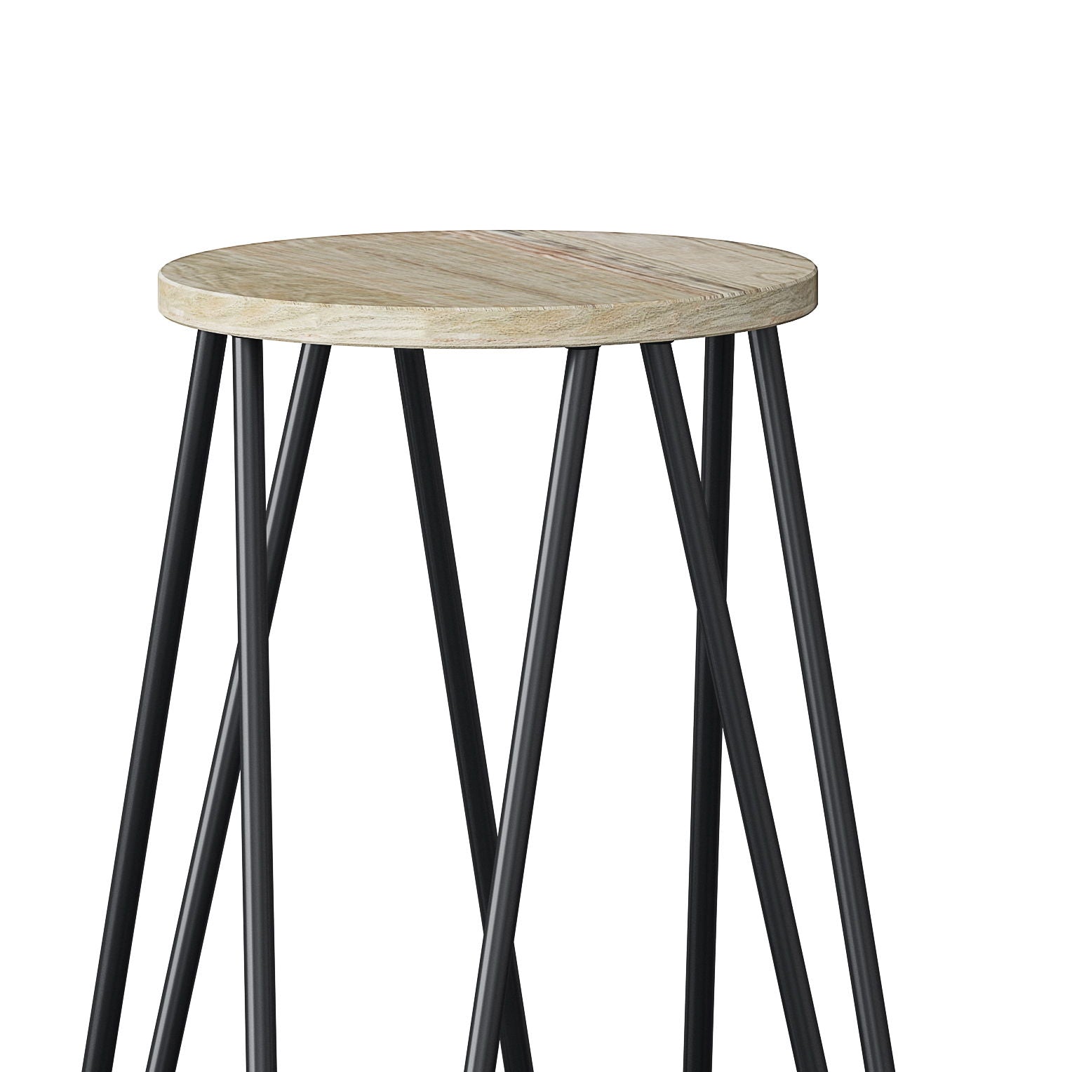 The Simeon Multifunctional Metal Stool features a round light wood seat and black metal legs in a striking geometric design, shown against a white background.