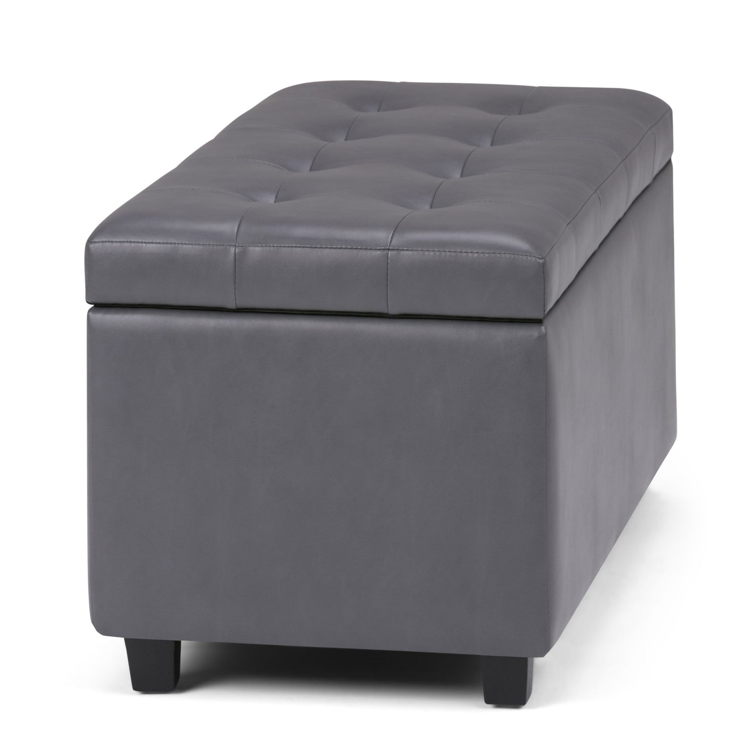 The Cosmopolitan Upholstered Storage Ottoman features a rectangular grey design with a tufted lid and short black legs, shown against a white background.