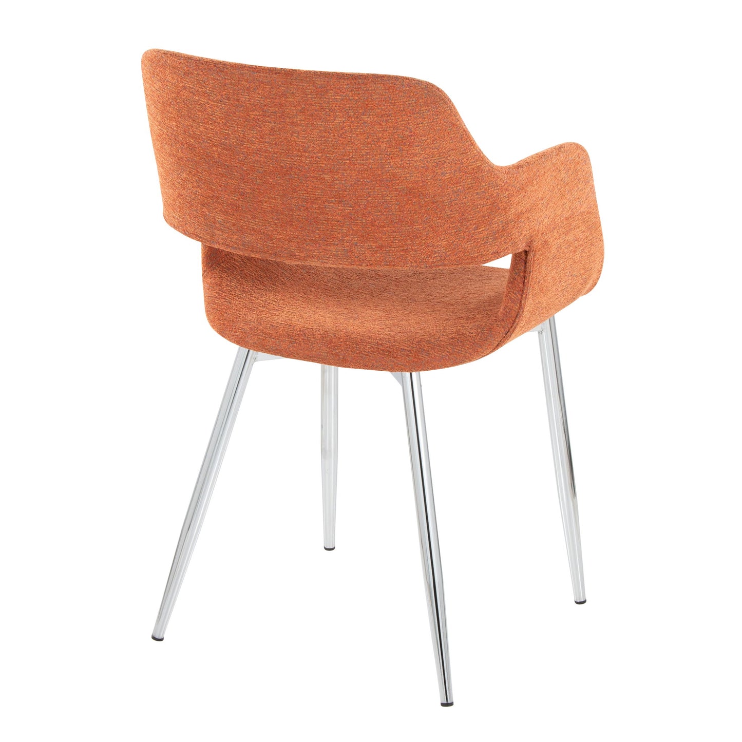 The Margarite Contemporary Dining Chair (Set of 2) features an orange upholstered curved back and seat with sleek chrome metal legs, displayed on a white background.