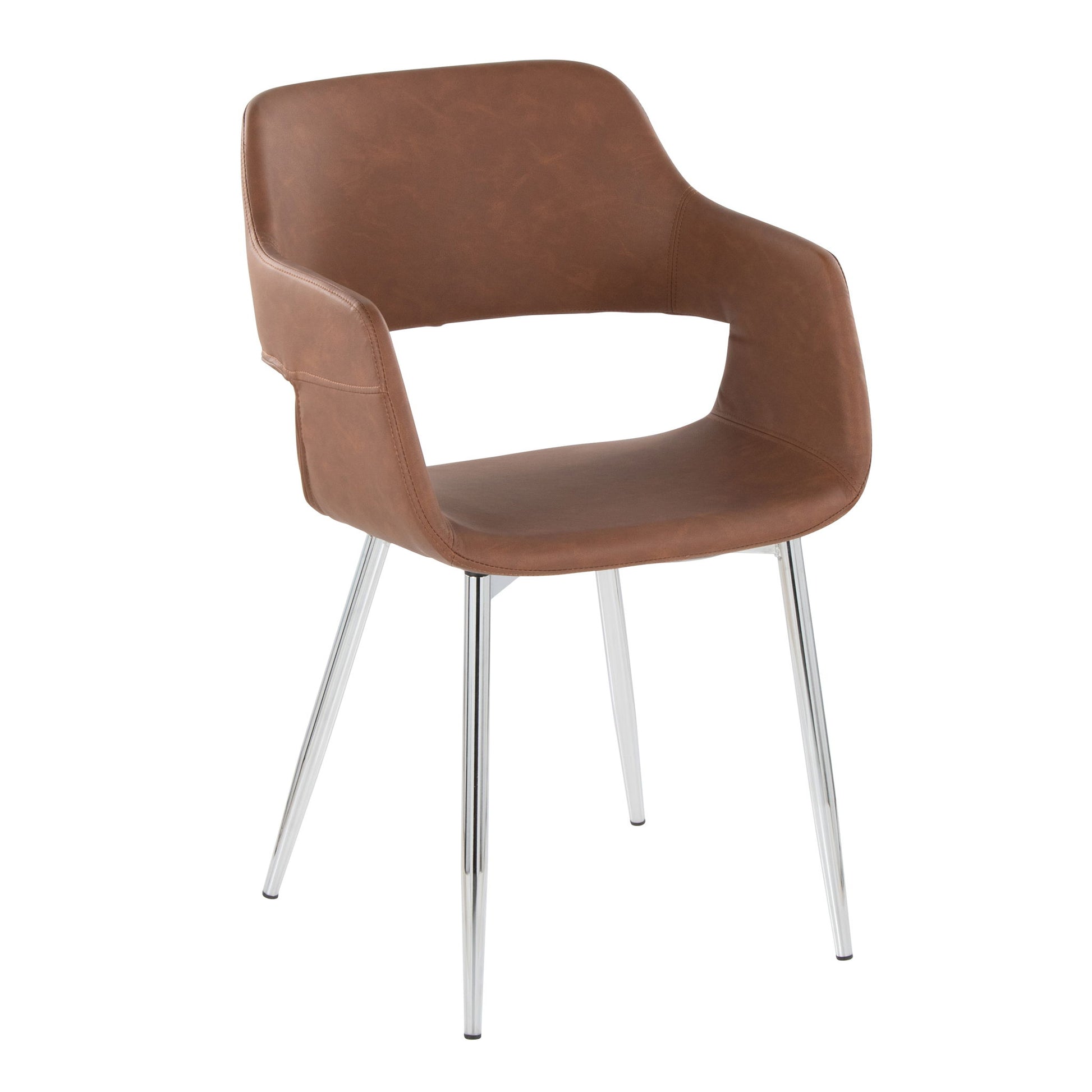 The Margarite Contemporary Dining Chair (Set of 2) features a brown faux leather seat, curved backrest with open lower back, and four slim angled chrome metal legs for a modern look.