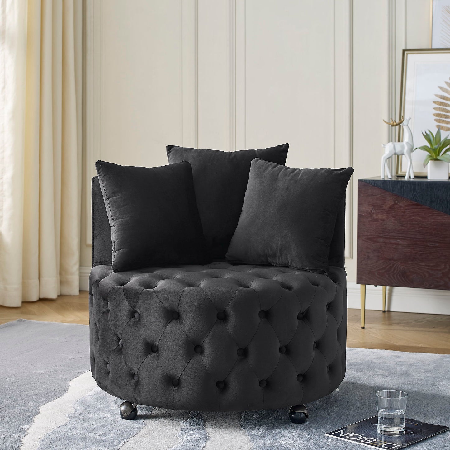 Modern Upholstered Swivel Chair With Button Tufted Design And Movable Wheels