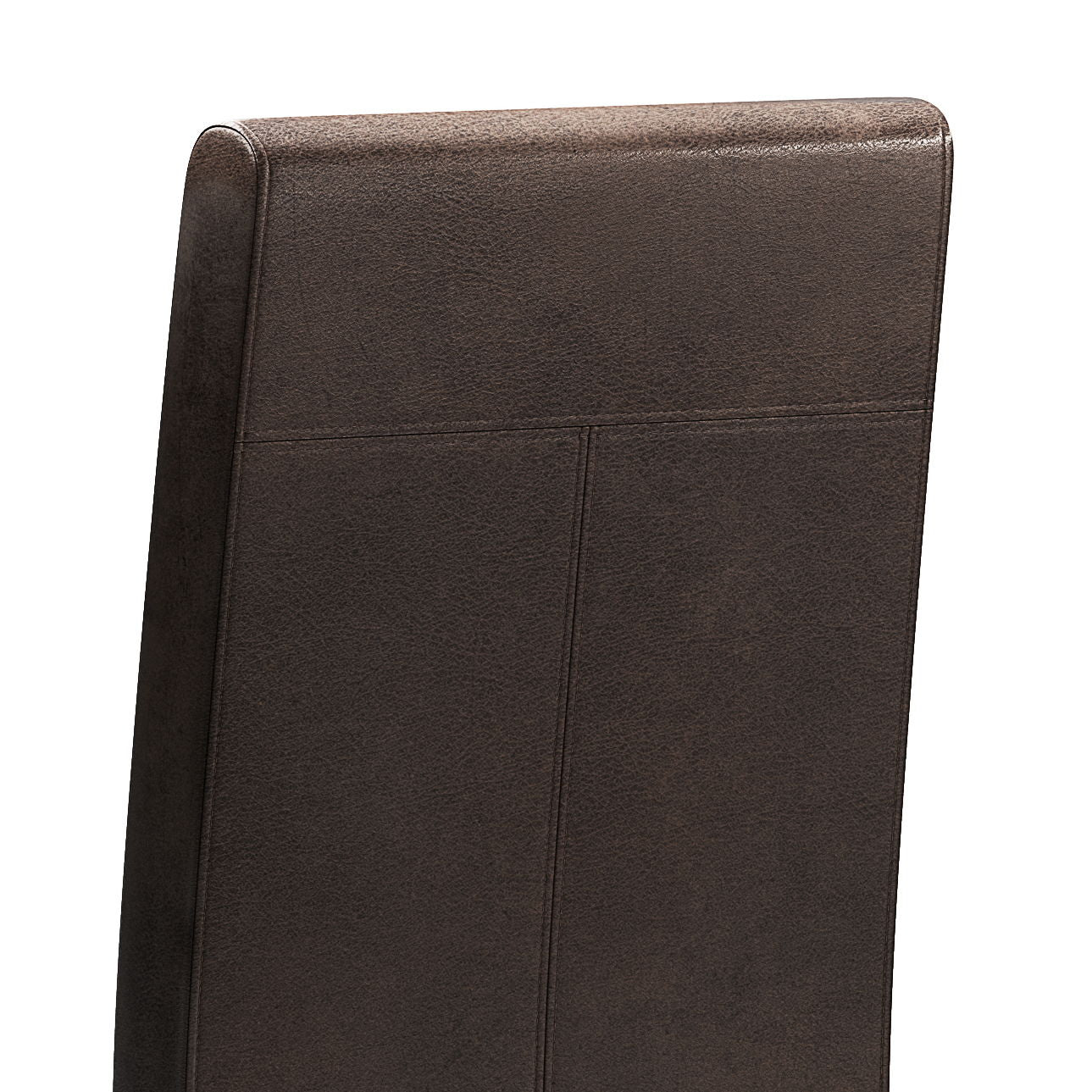 The image features the upper backrest of the Acadian - Upholstered Parson Dining Chair (Set of 2), covered in dark brown leather-like material with simple stitching details.