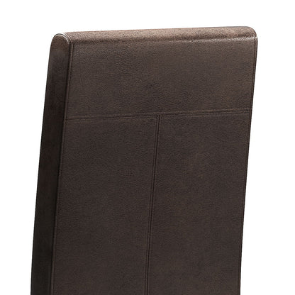 The image features the upper backrest of the Acadian - Upholstered Parson Dining Chair (Set of 2), covered in dark brown leather-like material with simple stitching details.