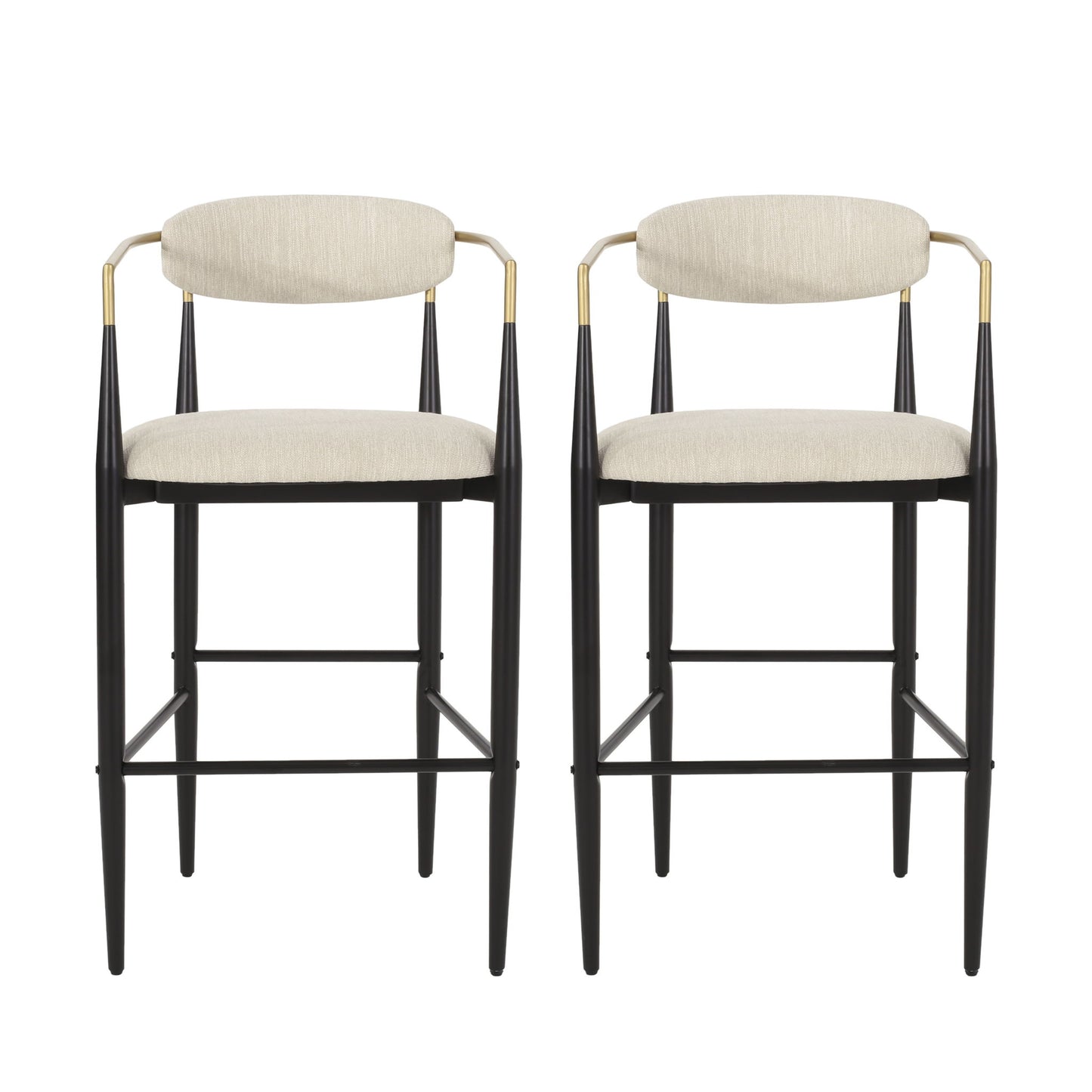 The Counter Height Upholstered Barstools (Set of 2) feature black metal frames, beige cushioned seats and backs, plus metallic gold armrest accents, shown against a plain white background.