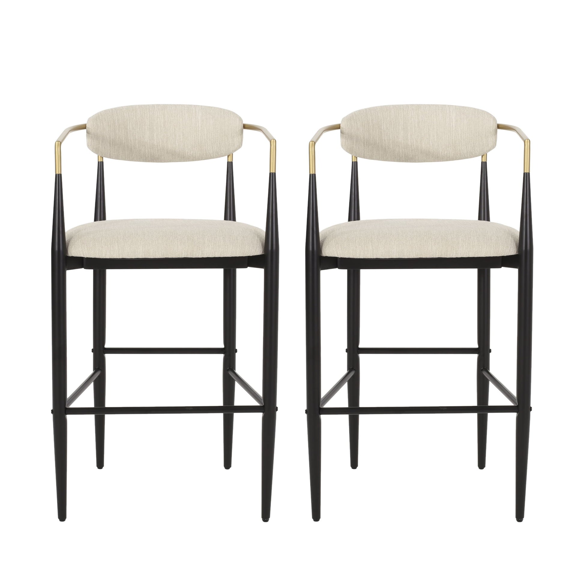 The Counter Height Upholstered Barstools (Set of 2) feature black metal frames, beige cushioned seats and backs, plus metallic gold armrest accents, shown against a plain white background.
