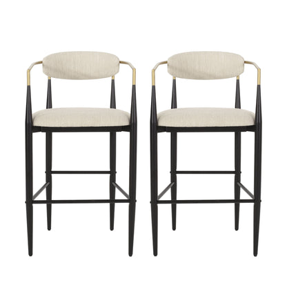 The Counter Height Upholstered Barstools (Set of 2) feature black metal frames, beige cushioned seats and backs, plus metallic gold armrest accents, shown against a plain white background.