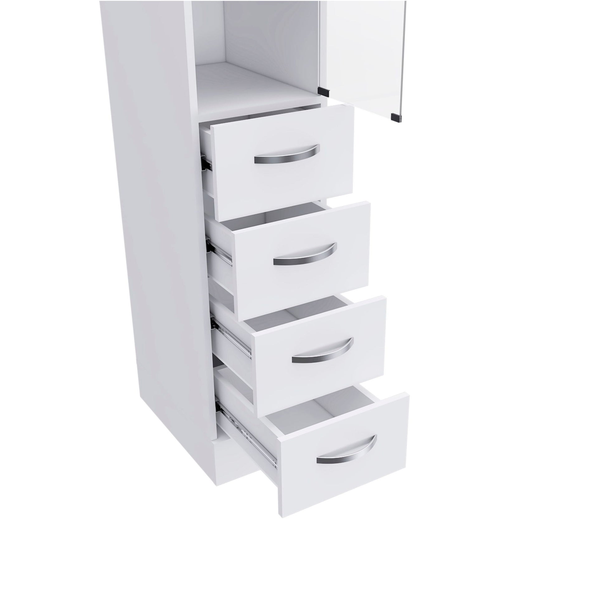 A white Linen Cabinet with 3 shelves and 4 drawers, each featuring metal handles, is shown partially open on a white background.