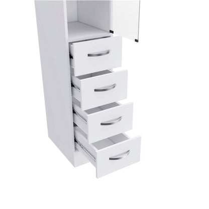 A white Linen Cabinet with 3 shelves and 4 drawers, each featuring metal handles, is shown partially open on a white background.