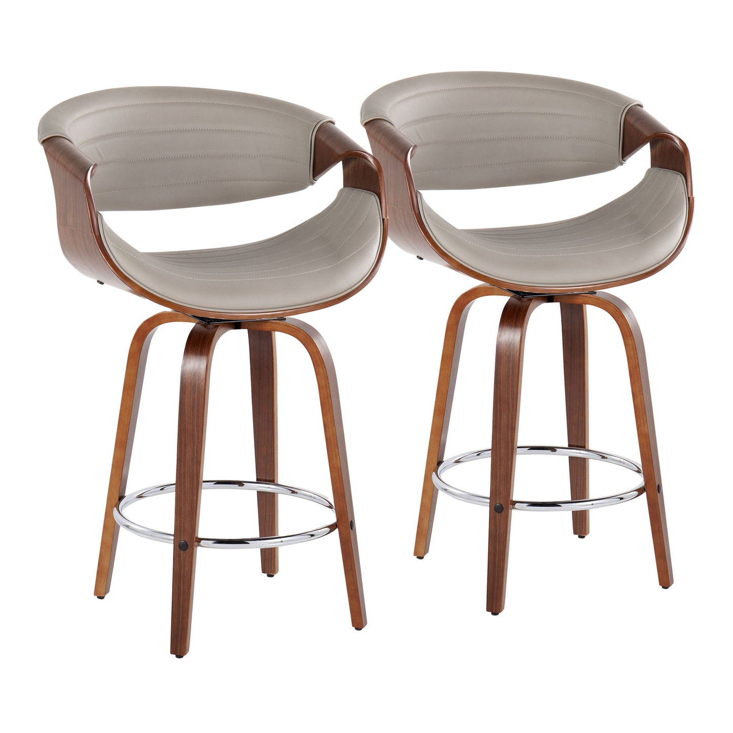 The Symphony set includes two mid-century modern counter stools with curved wooden frames, light gray cushions, swivel seats, and round metal footrests on four-legged wooden bases.