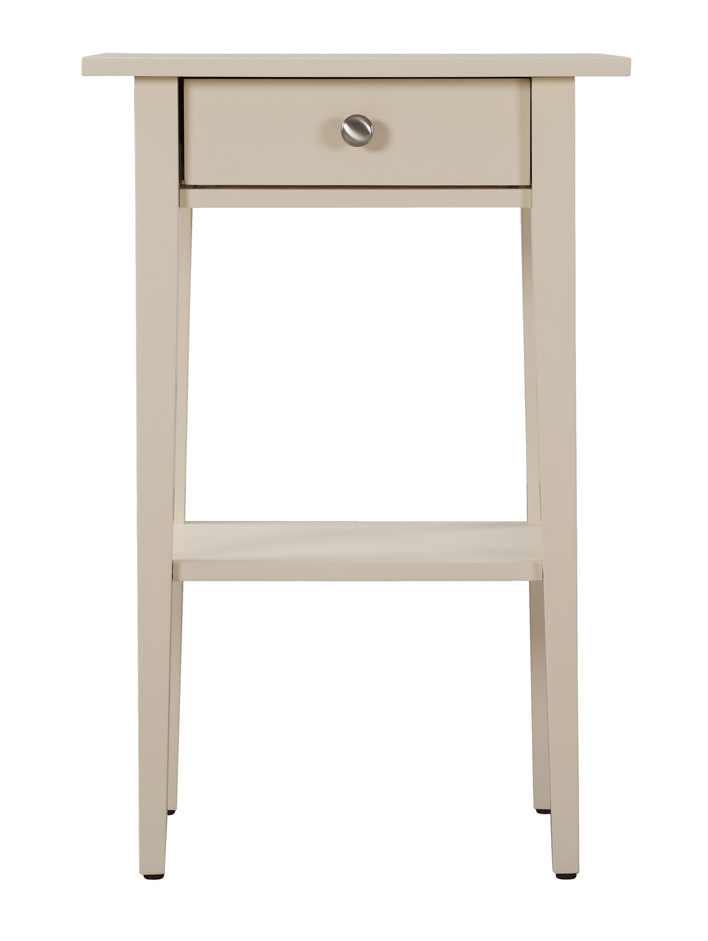 The High Quality Nightstand features a beige wooden finish, four straight legs, a single drawer with a round metal knob, and a lower storage shelf. Its simple and modern design adds elegance to any bedroom.