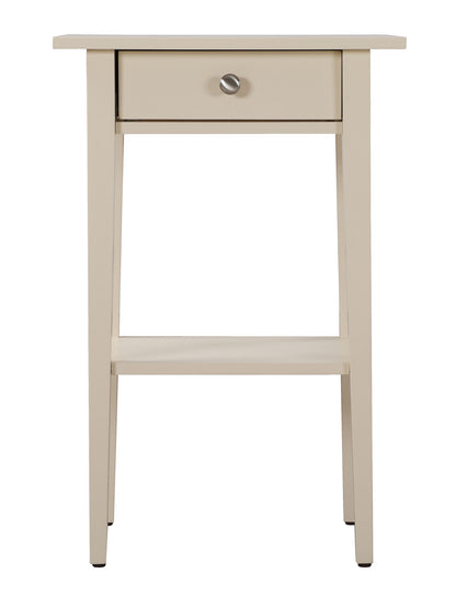 The High Quality Nightstand features a beige wooden finish, four straight legs, a single drawer with a round metal knob, and a lower storage shelf. Its simple and modern design adds elegance to any bedroom.