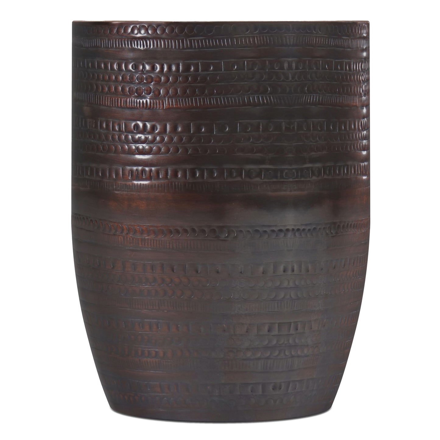 The Johnsen Handcrafted Large Metal Accent Table is dark brown, cylindrical, and features a textured surface with horizontal patterns of raised dots and rectangles.