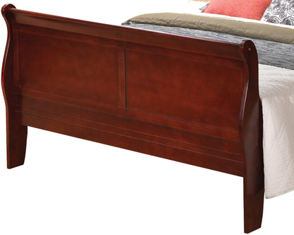 The Panel Sleigh Bed features a wooden frame in a dark cherry finish and a curved-edge footboard. White bedding and pillows, neatly arranged, are partly visible on the right side of the bed.