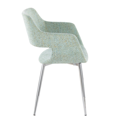 Side view of the Margarite - Contemporary Dining Chair (Set of 2) with a light blue textured upholstered seat and backrest, smooth curves, and four slim, shiny metal legs.