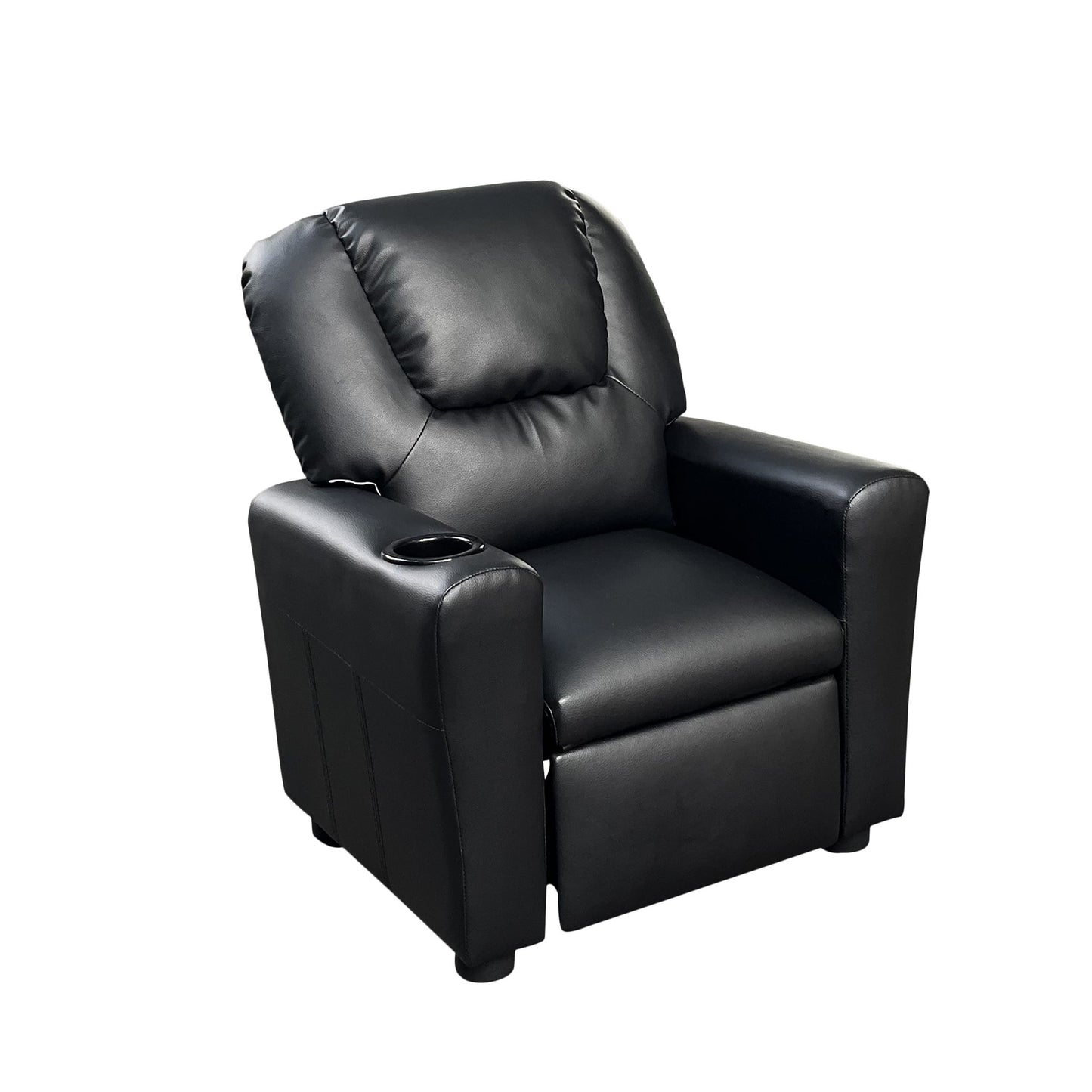 The Marisa PU Leather Kids Recliner Chair features a black finish, padded backrest and armrests, and a built-in cup holder on the right arm, displayed against a plain white background.