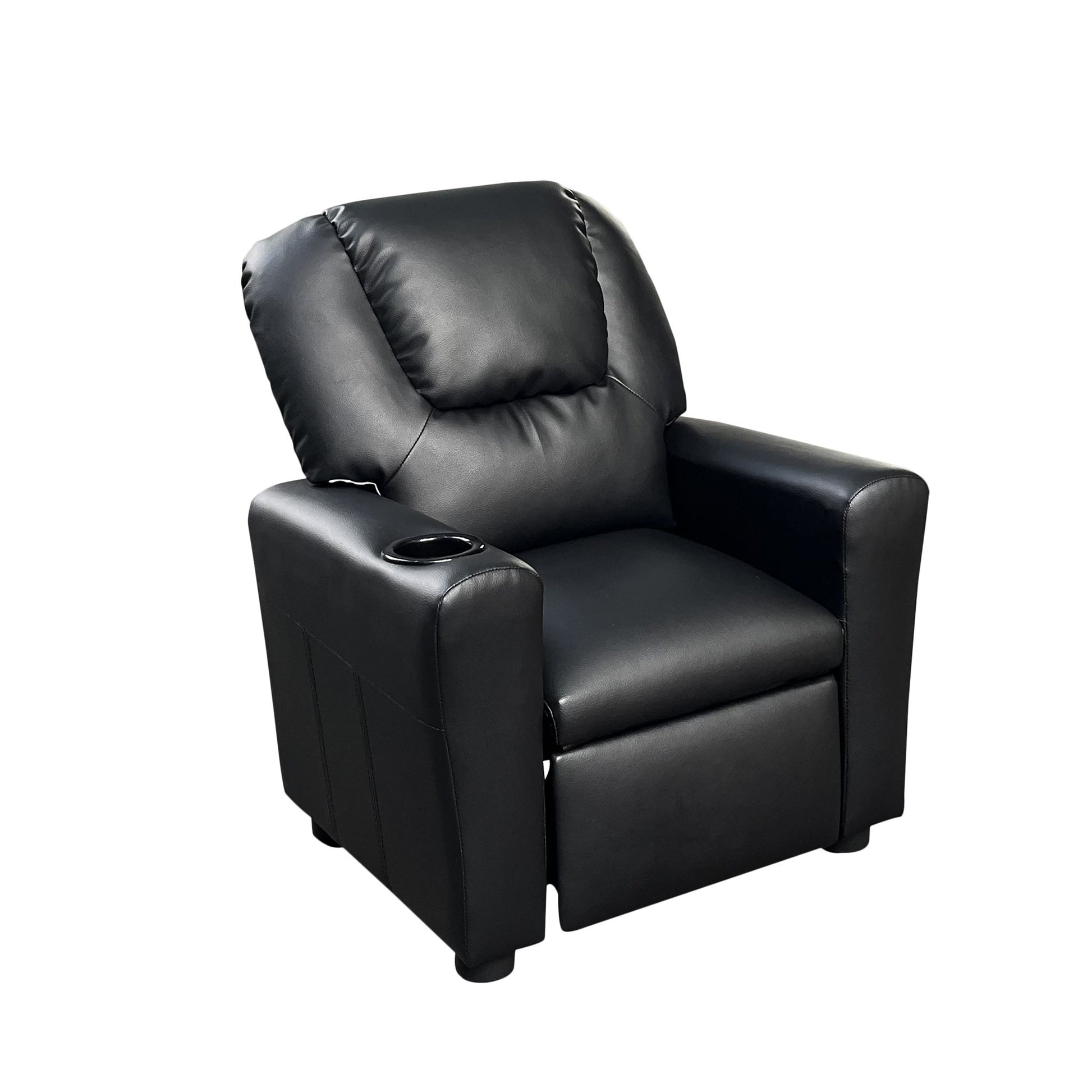 The Marisa PU Leather Kids Recliner Chair features a black finish, padded backrest and armrests, and a built-in cup holder on the right arm, displayed against a plain white background.