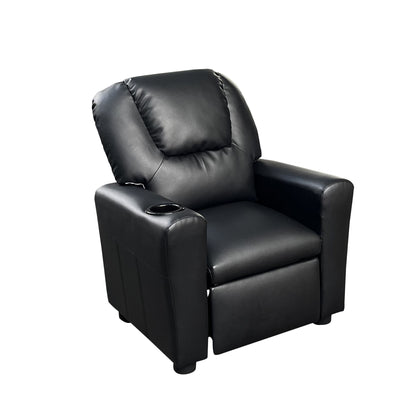 The Marisa PU Leather Kids Recliner Chair features a black finish, padded backrest and armrests, and a built-in cup holder on the right arm, displayed against a plain white background.