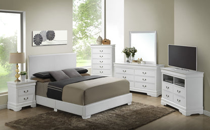 A modern bedroom features the Elegant Platform Bed For Relaxed Spaces, white furnishings, TV, mirror, lamps, and a brown rug. Large windows fill the room with natural light and greenery views, while minimalist decor provides a clean, cozy vibe.