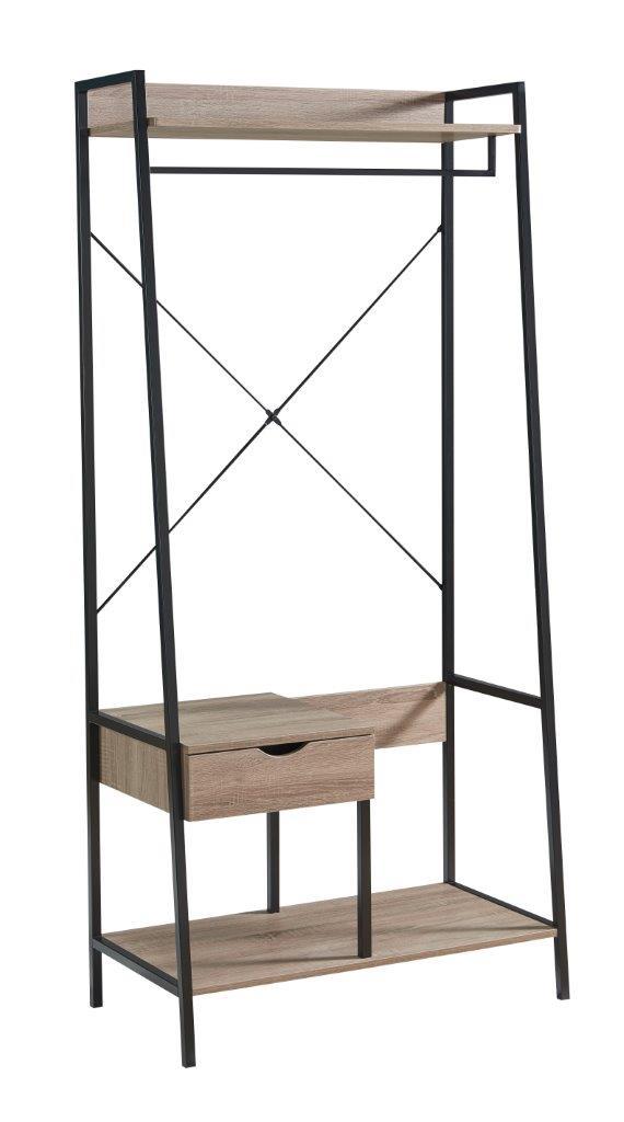 The Metal Clothes Rack Open Wardrobe is a modern freestanding unit with a black metal frame, wood shelves, a central drawer, a hanging clothes rod, and an open bottom shelf for storage.