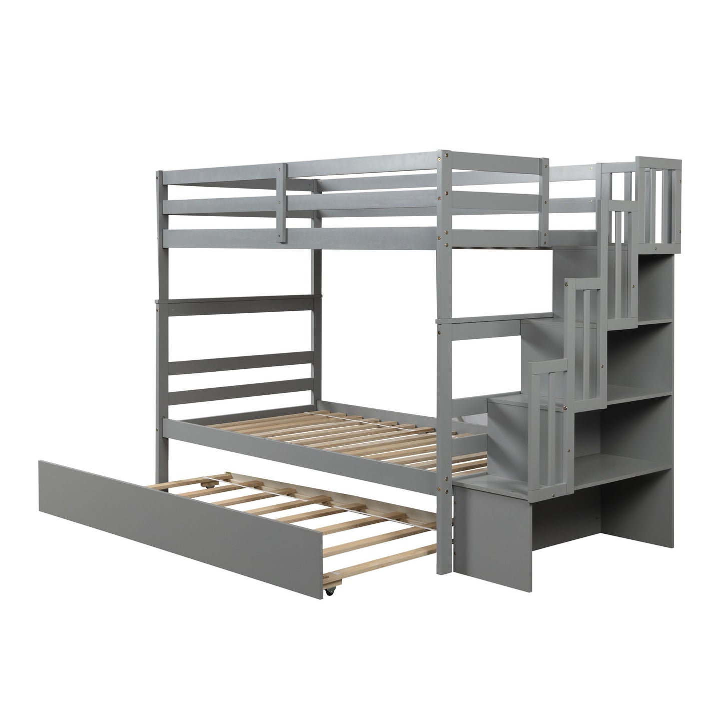 The Twin Over Twin Bunk Beds With Twin Trundle And Stairway Storage Function features a gray wood frame, two twin beds, a pull-out trundle below, and built-in storage shelves in the staircase.
