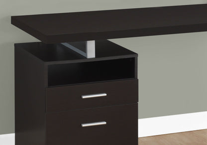 A Computer Desk For Home Office with a modern dark brown finish features two storage drawers with silver handles and an open shelf, set against a light gray wall and light wood floor. Suitable for left or right setup, perfect for laptops.