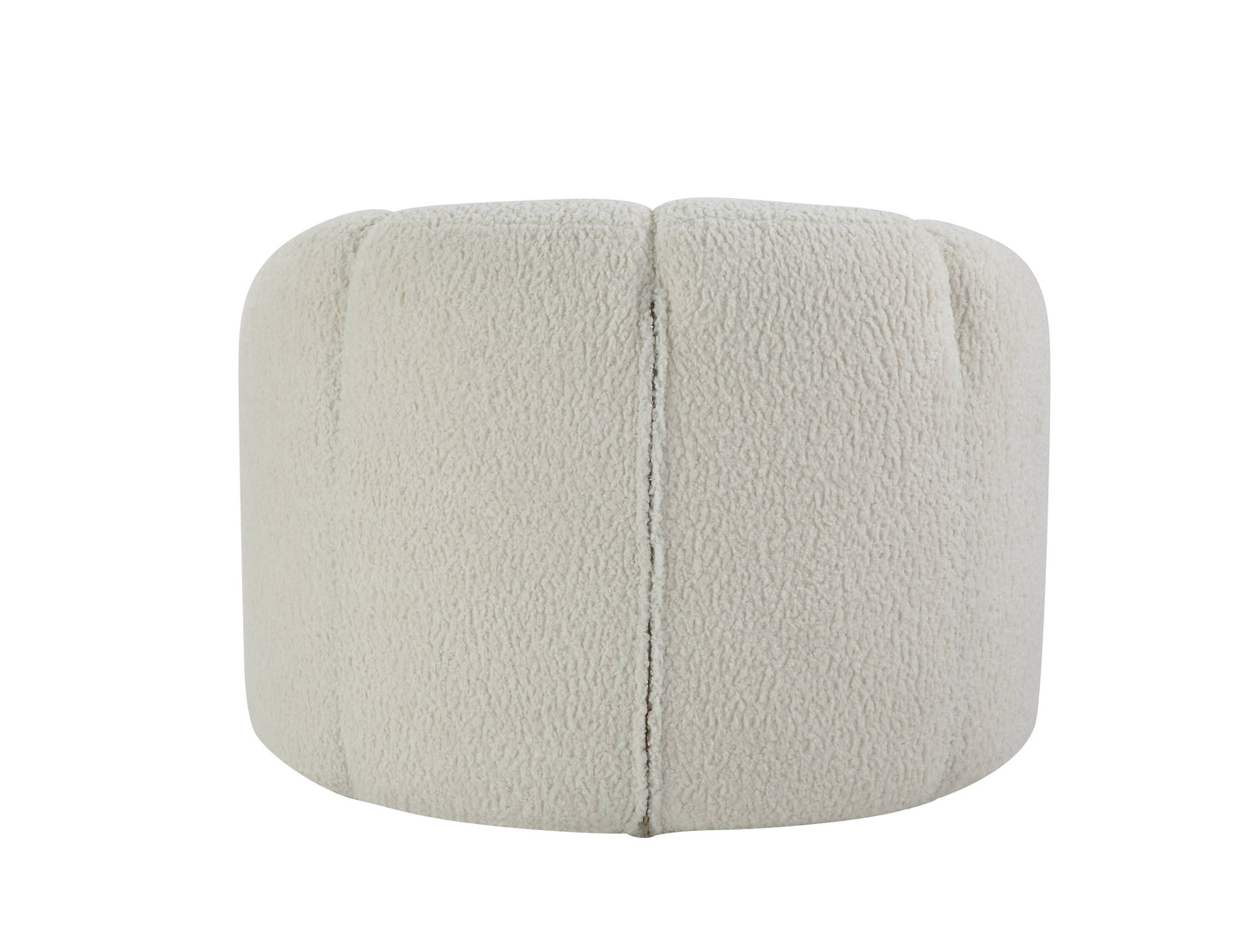 The Osmash Teddy Sherpa Chair in white is a cream-colored, round ottoman with sherpa fleece-like textured fabric and evenly spaced vertical seams for a plush and cozy look.