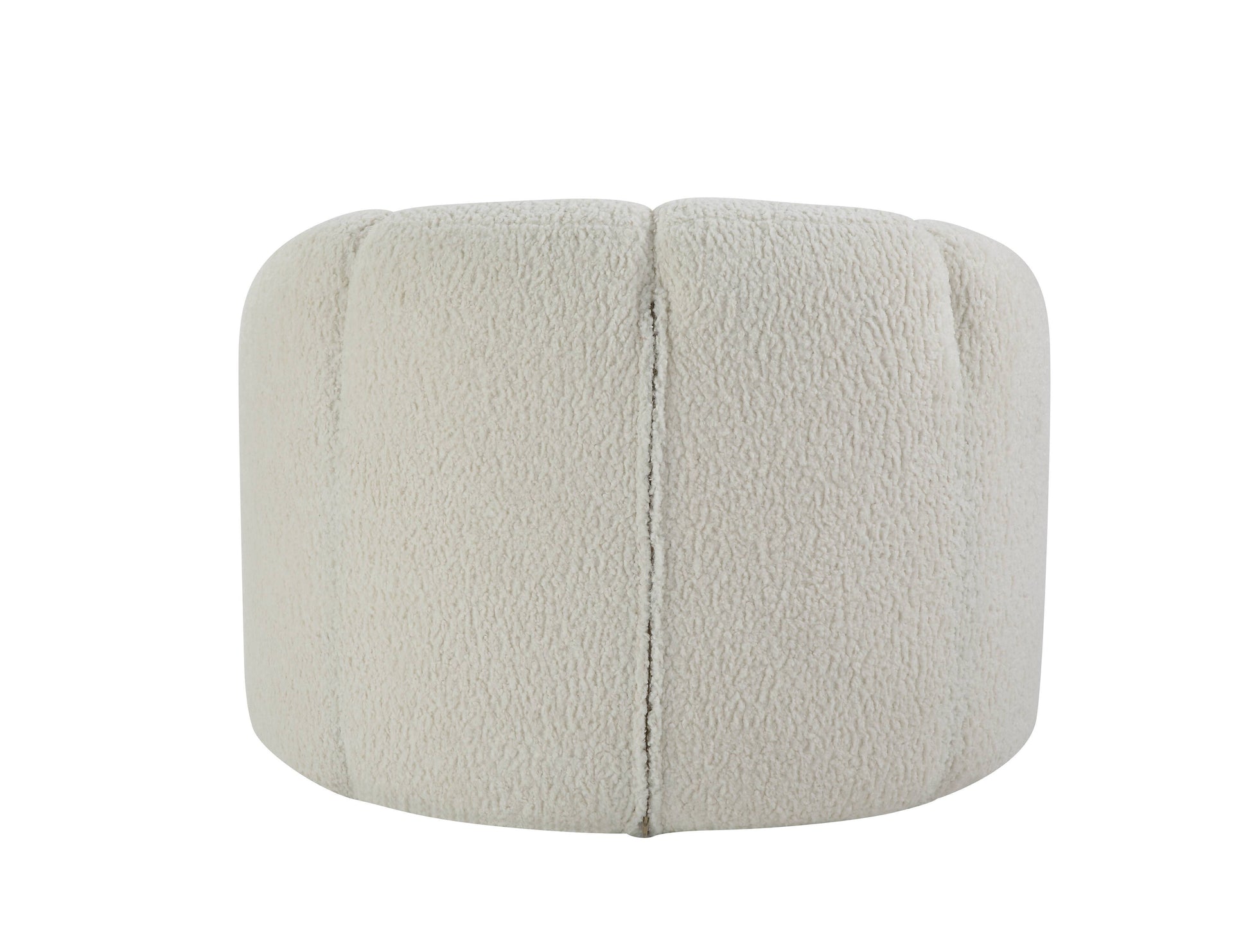 The Osmash Teddy Sherpa Chair in white is a cream-colored, round ottoman with sherpa fleece-like textured fabric and evenly spaced vertical seams for a plush and cozy look.