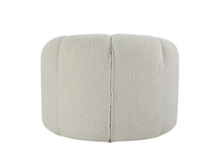 The Osmash Teddy Sherpa Chair in white is a cream-colored, round ottoman with sherpa fleece-like textured fabric and evenly spaced vertical seams for a plush and cozy look.