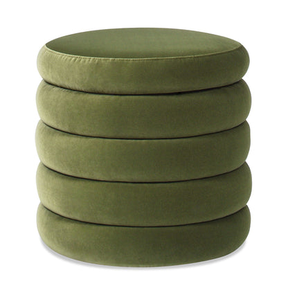 The Fuji Oversized Round Storage Ottoman features a stacked, cushion-like design with five horizontal layers and comes in olive green velvet.