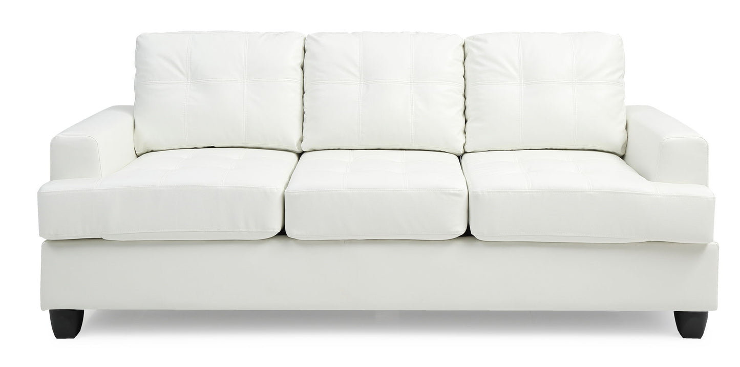 The Sandridge - Sofa is a modern white three-seater with square tufted cushions and short black legs, shown front-facing against a plain white background.